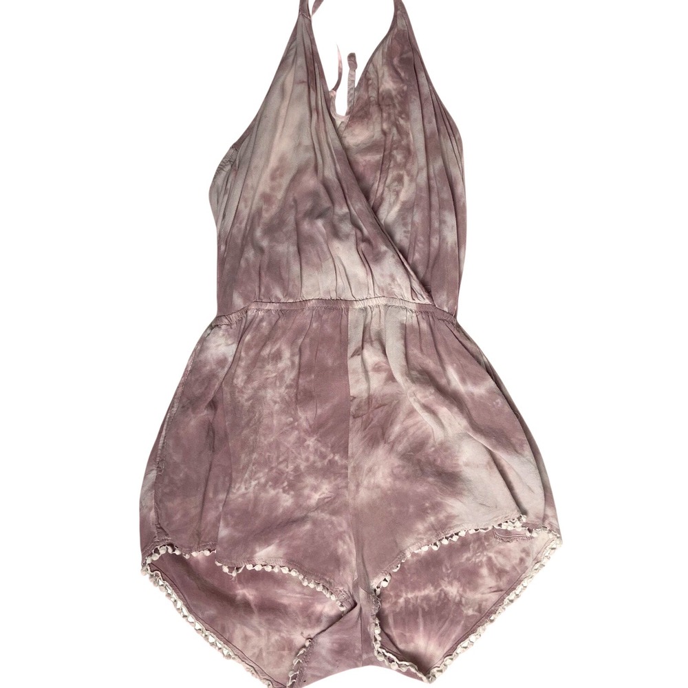 Mimi Chica Romper Purple White Tye Dye Halter Pom Pom Trim Boho Festival Hippie